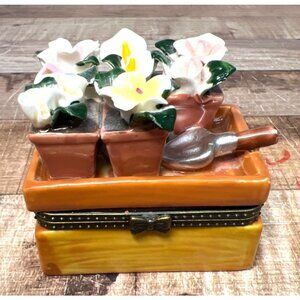 Hand-Painted Ceramic Hinged Box With Mini Potted Plants Decorative Trinket Box